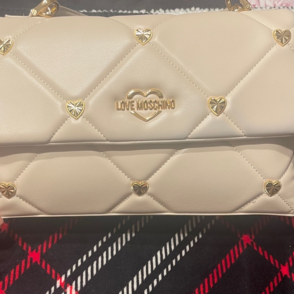 Love Moschino Beige Quilted Shoulder Bag with Gold Accents